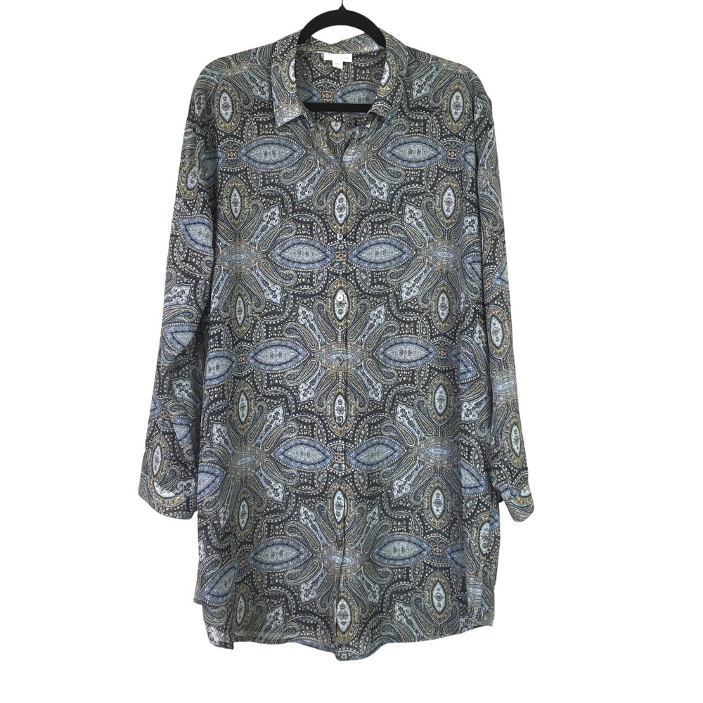 J. Jill Paisley Button Front Longline Tunic‎ Blouse XL Blue